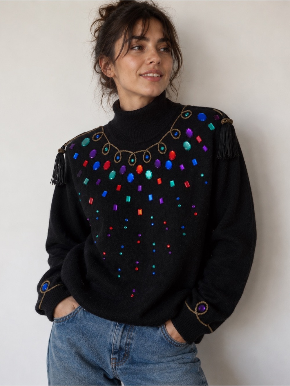 Vintage Valerie Stevens Embellished Angora Sweater 80s  Rhinestone Tassel Knit